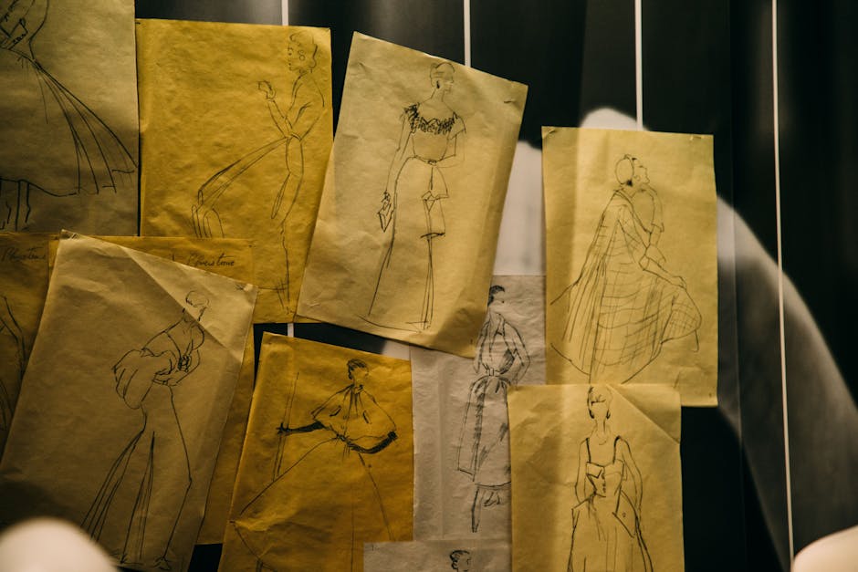 Crumpled paper sheets with collection of illustrations representing vintage dresses on wall